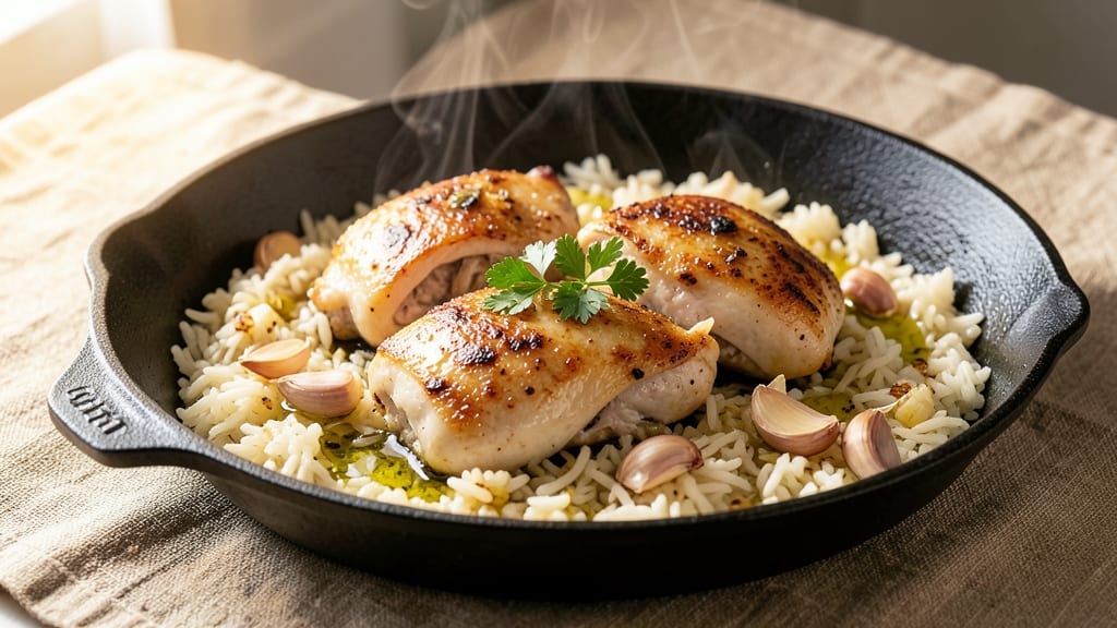 Chicken and Rice Cast Iron Skillet Recipe: Searing-Hot Crispy Top, Juicy Bites