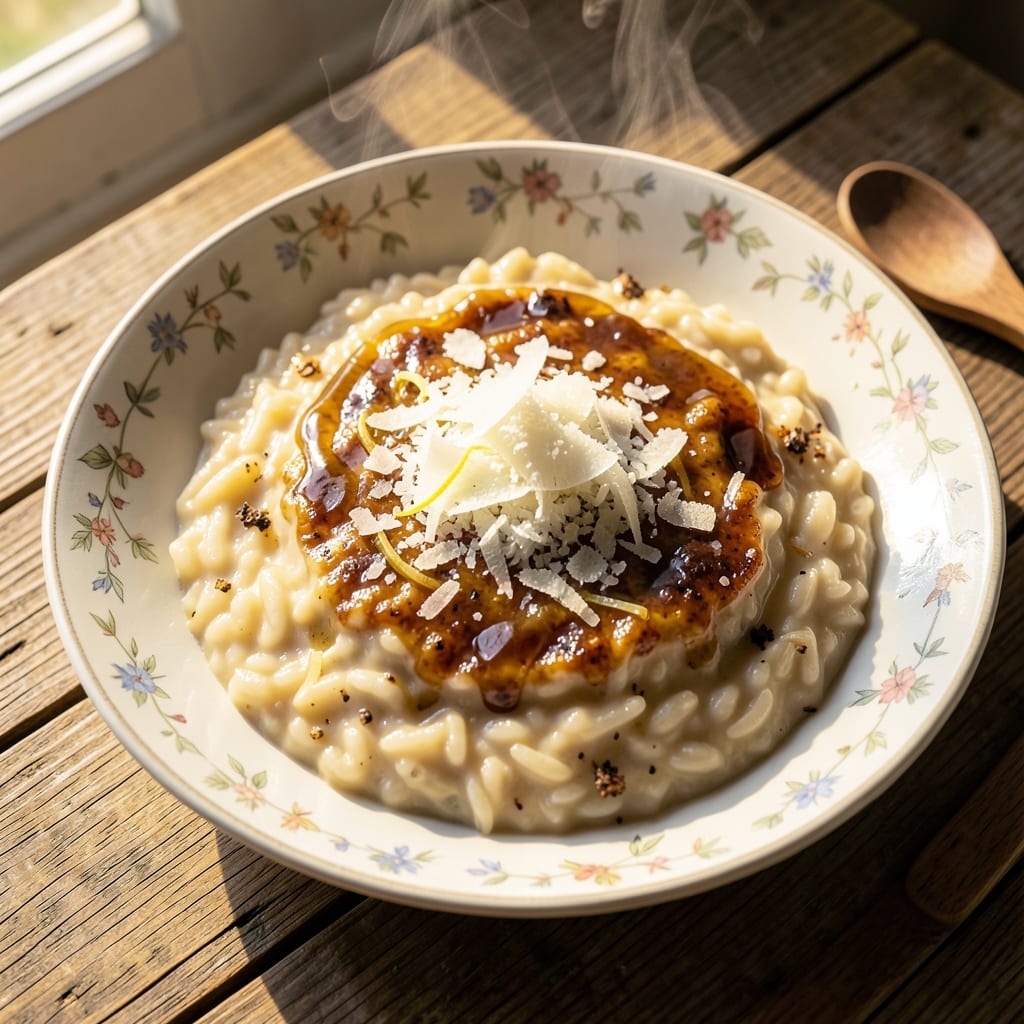Acquerello Rice Risotto Recipe: Toasted Lemon Zest and Parmesan Crisp