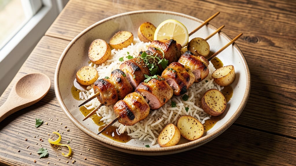 Chicken Souvlaki With Rice and Potatoes Recipe: Grilled Skewers and Herbed Potatoes in One Pan