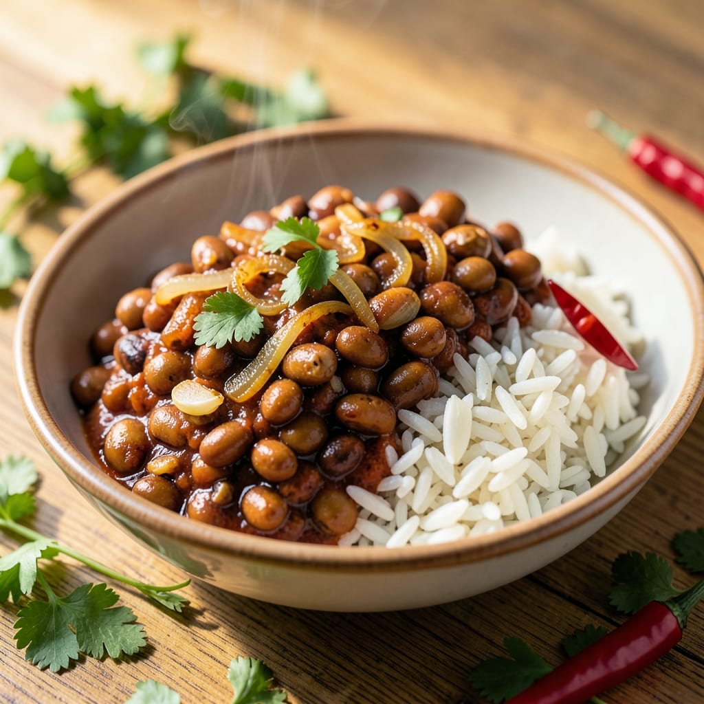 African Beans and Rice Recipe: Smoky Tomato-Braised Beans with Toasted Peanut Crunch