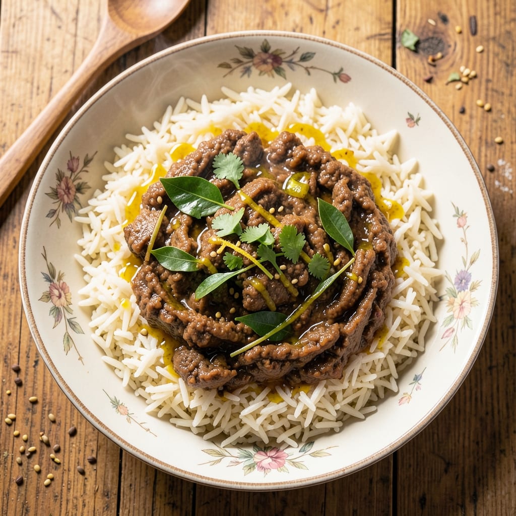 Akni Rice Recipe: Spiced Lamb and Toasted Cumin Crunch