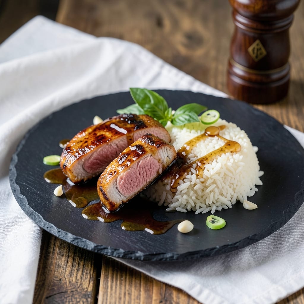 Asian Pork Chops and Rice Recipe: Wok-Seared Aromatics with Sticky Ginger Glaze
