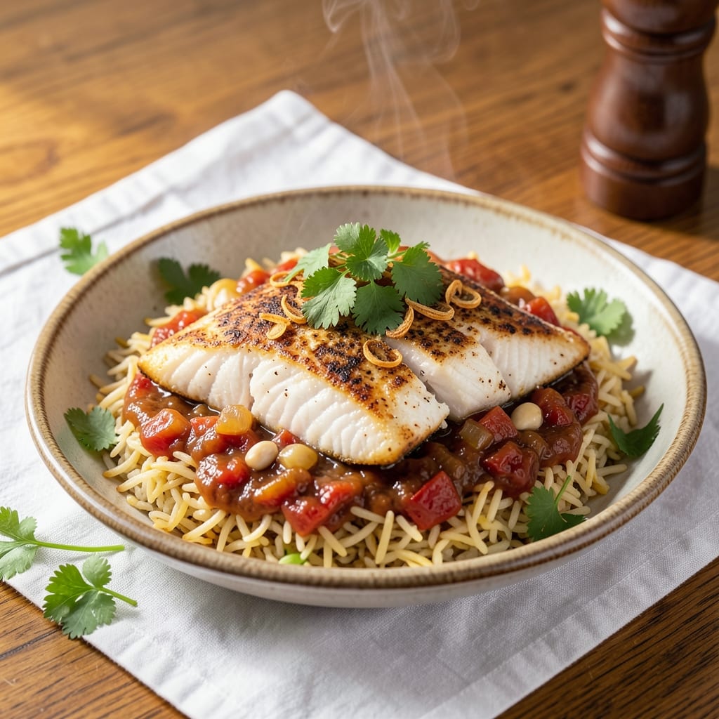 African Fish and Rice Recipe: Spiced Tomato-Braised Fish with Fragrant Basmati