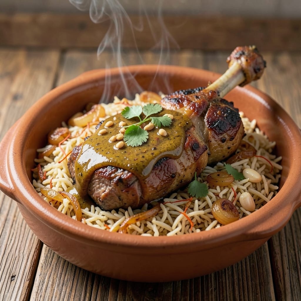 Arabic-Style Rice with Lamb Meat Recipe: Saffron-Infused Spice Pilaf with Toasted Crust