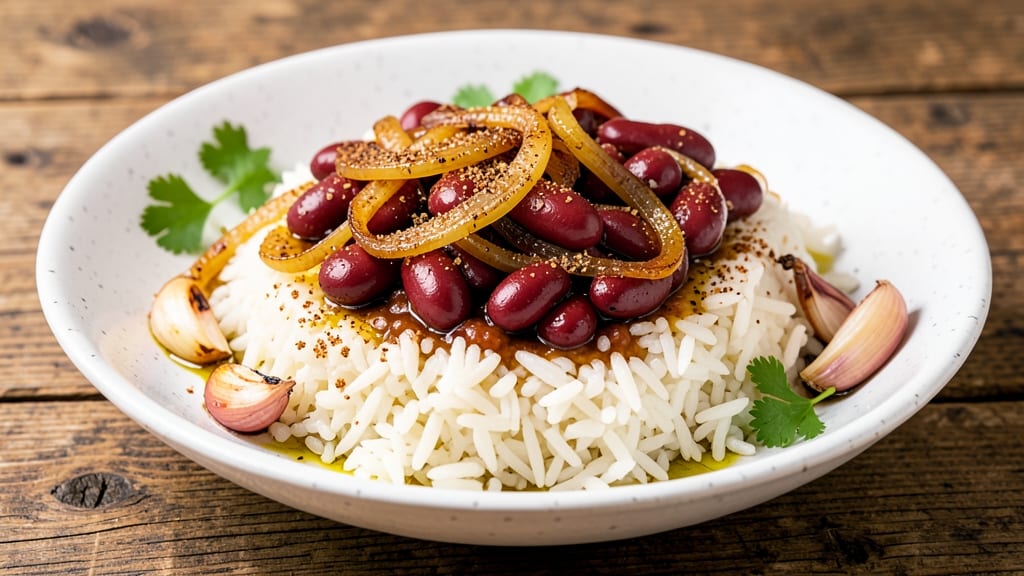 Canned Red Kidney Beans and Rice Recipe: Smoky Garlic Spice Bowl with Crunchy Topping