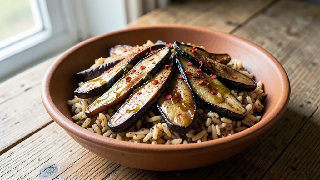 Brown Rice and Eggplant Recipe: Smoky Eggplant Crisp With Herbed Rice Bites