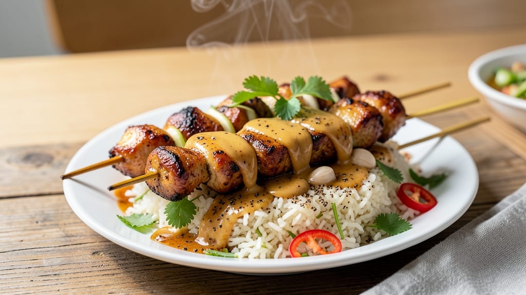 Chicken Satay and Rice Recipe: Skewered Spice and Fragrant Jasmine Pairing